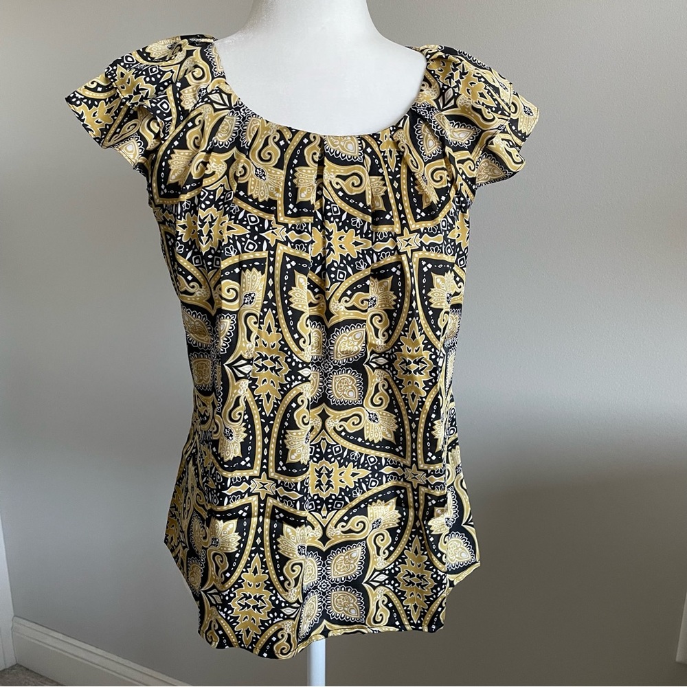 VIOLET & CLAIRE Silky Blouse, Yellow Navy White Grecian design, S